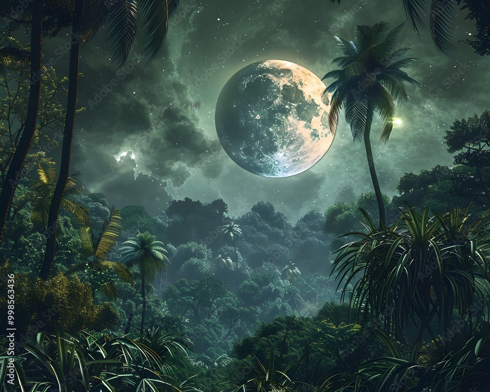 Obraz premium Enchanting Alien Jungle Beneath a Mystical Moon in the Night Sky