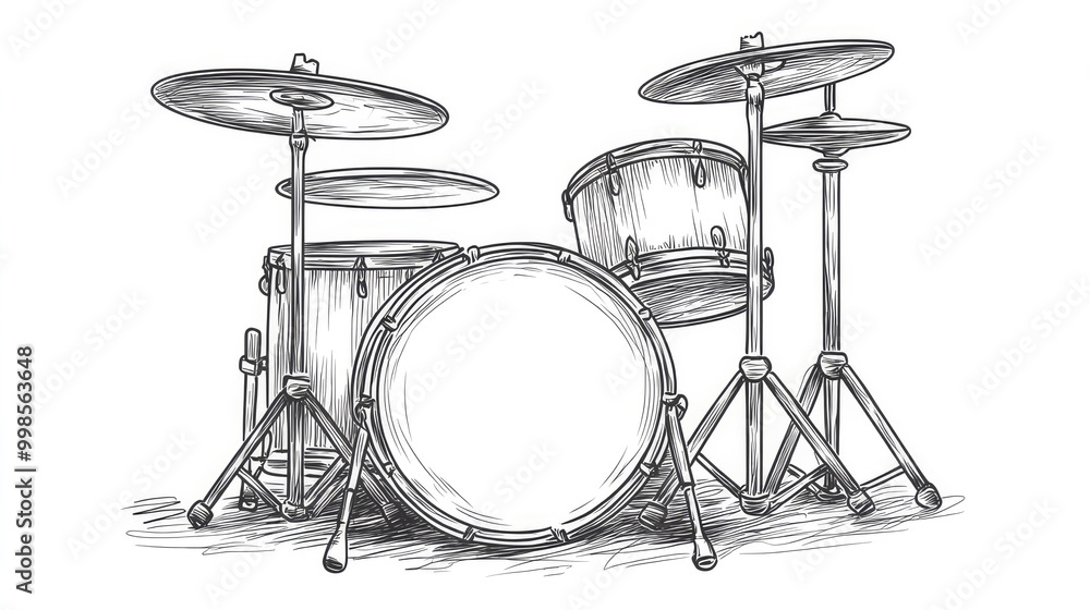 An intricate line art illustration of a classic drum set, featuring detailed elements like the bass drum, snare, toms, and cymbals, ideal for music and art enthusiasts. An intricate line art illustration of a classic drum set, featuring detailed elements like the bass drum, snare, toms, and cymbals, ideal for music and art enthusiasts.