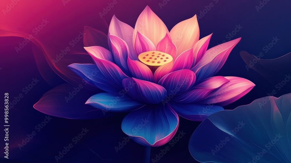 A vibrant digital illustration of a lotus flower in full bloom, with bold colors of pink, purple, and blue, set against a deep gradient background, emphasizing its spiritual symbolism A vibrant digital illustration of a lotus flower in full bloom, with bold colors of pink, purple, and blue, set against a deep gradient background, emphasizing its spiritual symbolism