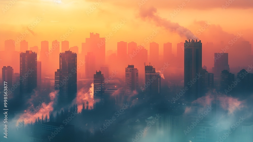 Hazy Cityscape Obscured by Smog and Heat Distortion Symbolizing Global Warming Hazy Cityscape Obscured by Smog and Heat Distortion Symbolizing Global Warming