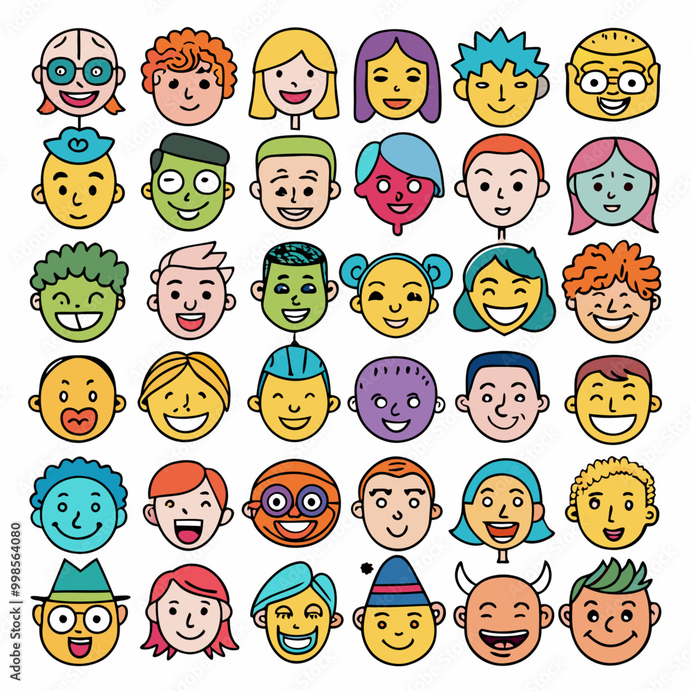 A set of 36 diverse cartoon faces with various expressions, perfect for adding a touch of fun and personality to your projects. The illustrations feature different hairstyles, skin tones. A set of 36 diverse cartoon faces with various expressions, perfect for adding a touch of fun and personality to your projects. The illustrations feature different hairstyles, skin tones.