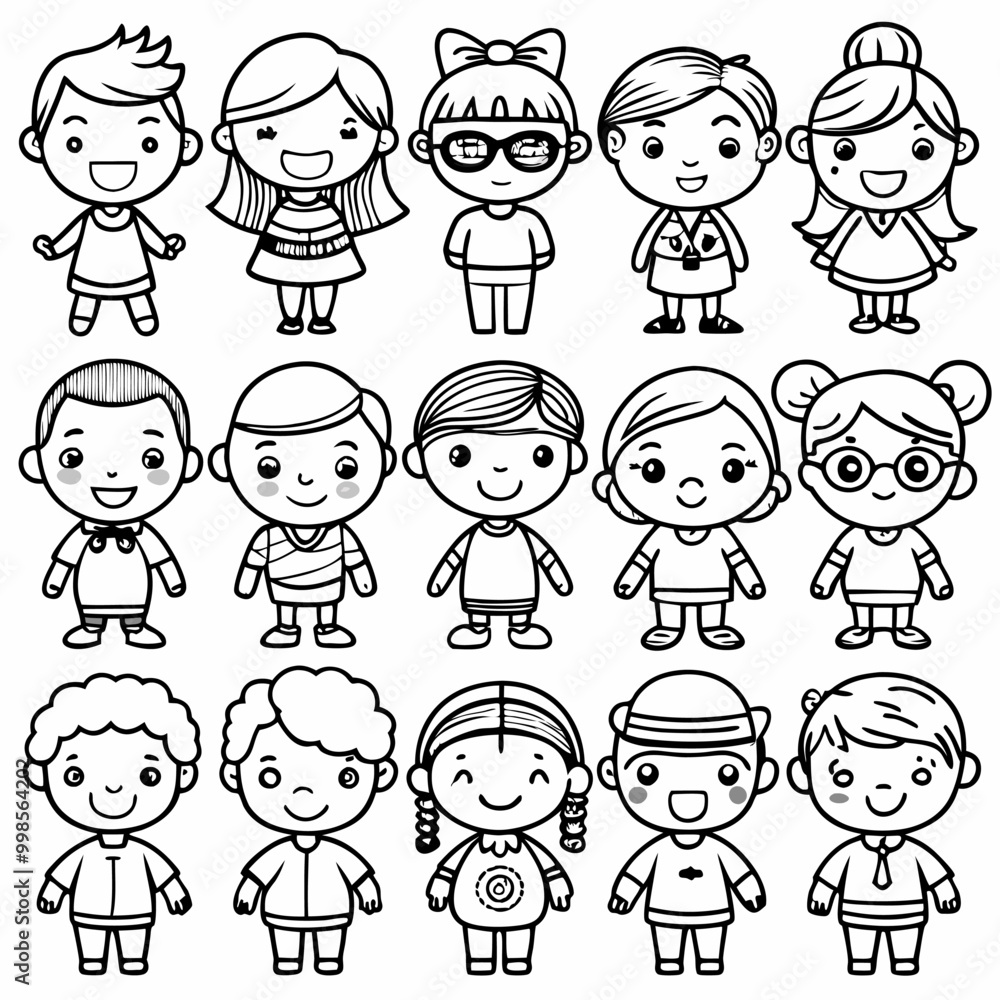 A fun and friendly illustration of a group of children, perfect for coloring books, educational materials, or any project that needs a touch of childhood charm. A fun and friendly illustration of a group of children, perfect for coloring books, educational materials, or any project that needs a touch of childhood charm.