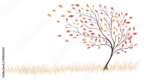 An artistic illustration featuring an autumn tree with vibrant orange and red leaves blowing in the wind, capturing the beauty and change of the fall season in a dynamic style.