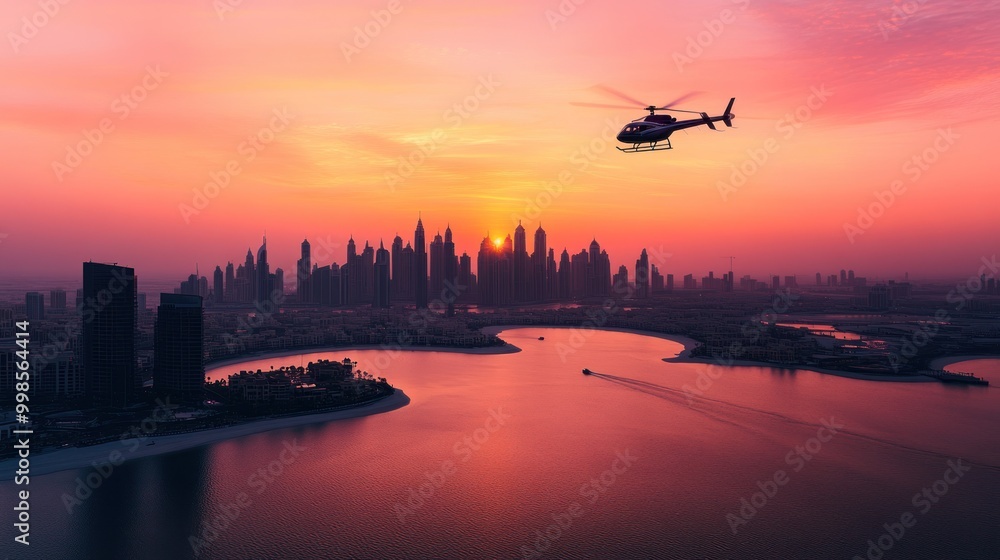 A helicopter flies over a city skyline during a vibrant sunset, reflecting on the water. A helicopter flies over a city skyline during a vibrant sunset, reflecting on the water.