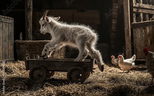 A playful goat balances on a wooden cart while chickens roam freely in a rustic barn during daylight hours