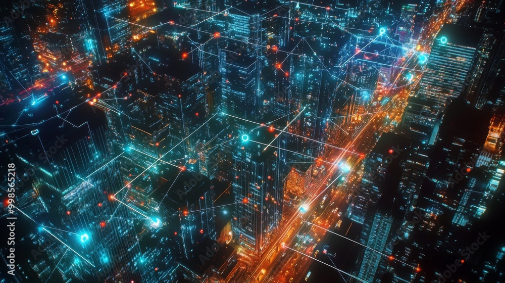 Obraz premium An aerial view of a smart city at night, with a glowing web of wireless connections represented by bright lines linking buildings, cars, and devices across the cityscape.