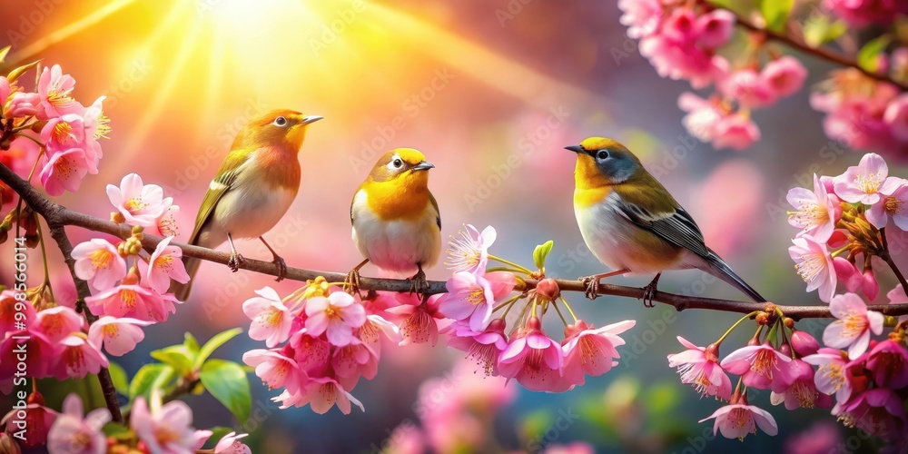 Fototapeta premium Beautiful photo of birds chirping among blooming flowers in the spring sunlight, birds, blossoms, nature, melody, Spring