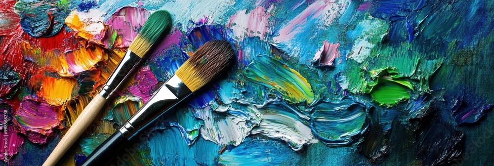Fototapeta premium Brightly colored paint splashes adorn a palette beside paintbrushes, capturing abstract artistic expression on a canvas. Generative AI