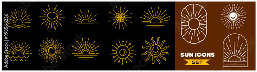 Sun rays line design elements. Vector linear icons in minimal boho style. Half circle shapes logos. Sunset or sunrise symbols set. vector illustration 