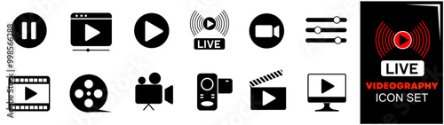 Video player icon set. Containing play or start button, pause or stop, media, camera, live, cinema, multimedia, film, handycam, clapperboard, movie, streaming or online video. Vector illustration