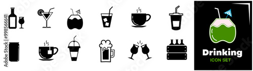 Drinks icon set. Containing water, coffee, tea, drinking, glass, soda, cocktail, bottle, wine, beverage and more. Solid vector black icons collection