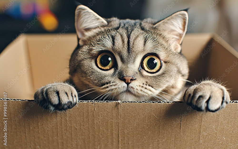 Curious cat peeking out from a cardboard box in a cozy indoor setting Curious cat peeking out from a cardboard box in a cozy indoor setting
