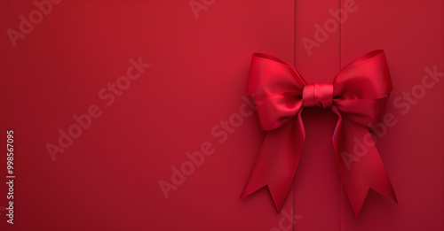 A red bow on a red background. New Year's banner for holiday design.