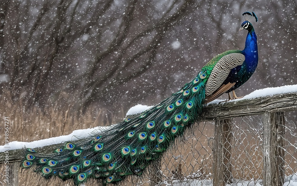 Obraz premium A peacock perched gracefully on a snowy fence during a winter snowfall in the countryside