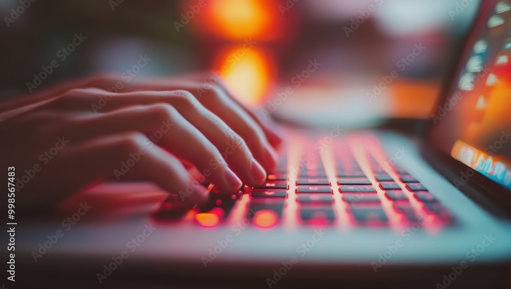 Typing on Laptop with Red Glow Typing on Laptop with Red Glow
