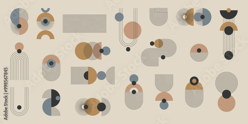 Monochromatyczny zestaw abstrakcyjnych elementów z kolorystycznym akcentem. Geometryczne kształty w paski, minimalistyczne cienkie linie, łuki, elipsy, kwadraty. Ilustracja wektorowa.