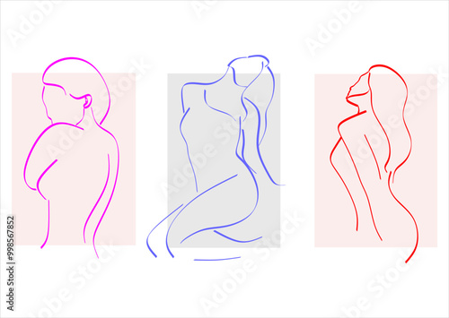 Vector fashion illustration of female body in trendy linear style. Elegant art. For posters, tattoos, lingerie store logos. Hand drawn