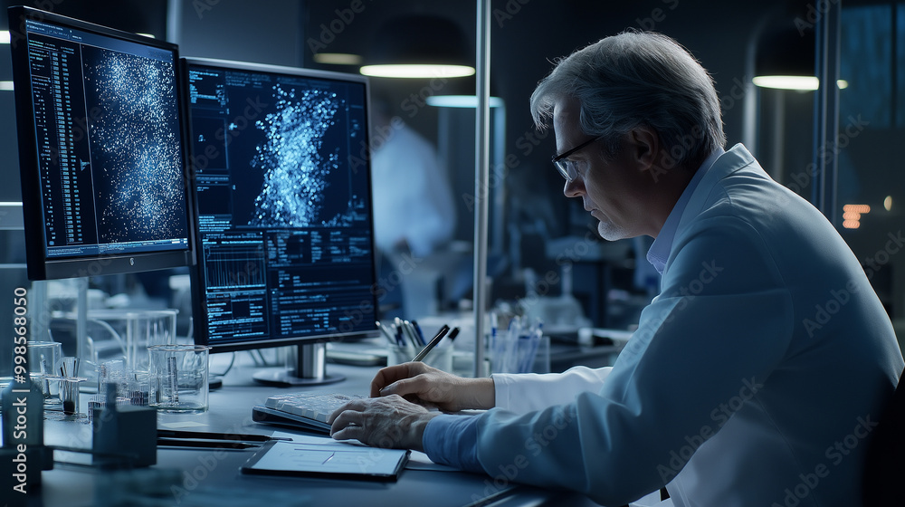 A single forensic expert analyzing evidence in a laboratory, with various tools and digital displays providing intricate details of the investigation. The photorealistic setting em A single forensic expert analyzing evidence in a laboratory, with various tools and digital displays providing intricate details of the investigation. The photorealistic setting em