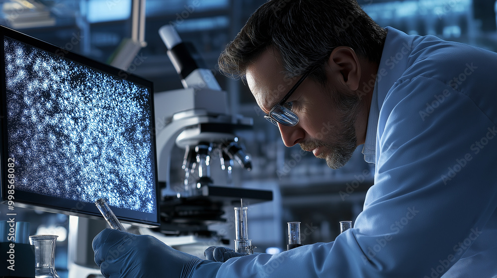 A single forensic expert analyzing evidence in a laboratory, with various tools and digital displays providing intricate details of the investigation. The photorealistic setting em A single forensic expert analyzing evidence in a laboratory, with various tools and digital displays providing intricate details of the investigation. The photorealistic setting em