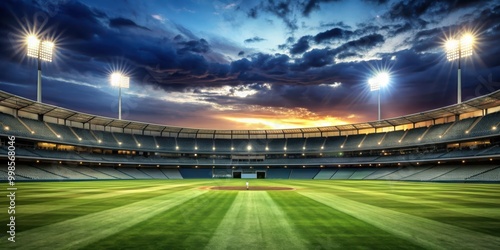 Cricket stadium with illuminated field at night, cricket, stadium, night, sports, field, lights, illumination