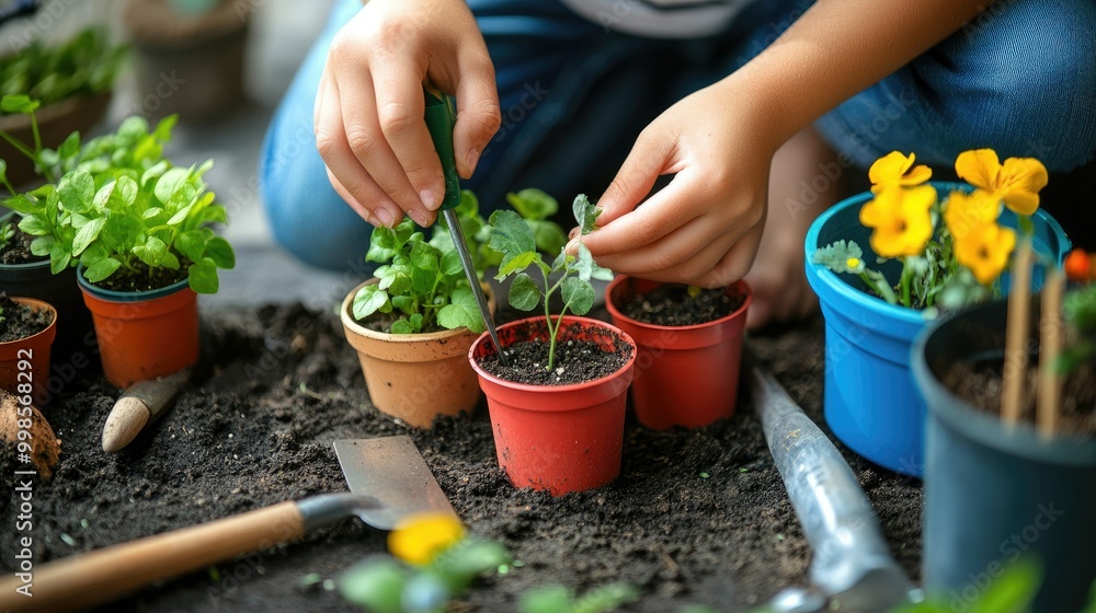 Child's Hands Plants Seeds in Colorful Pots Child's Hands Plants Seeds in Colorful Pots