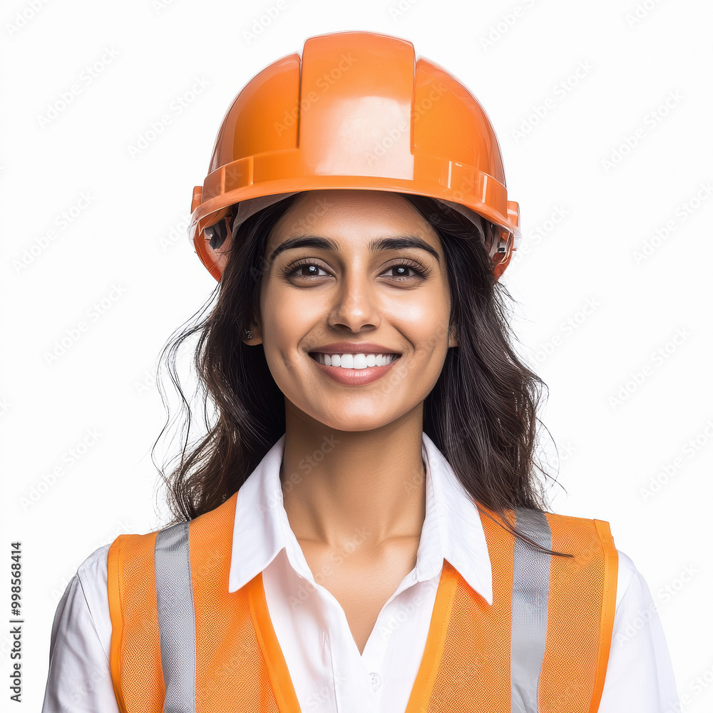 Indian woman wearing orange hard hat standing on white background. Indian woman wearing orange hard hat standing on white background.