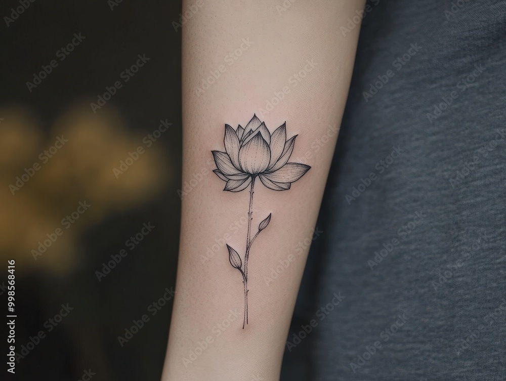 Obraz premium A small, minimalist tattoo design of a lotus flower, using thin lines and subtle shading, perfect for a clean and elegant representation of purity and growth