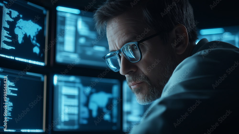 A cybersecurity expert in a dark room, intently analyzing real-time data on multiple screens. The atmosphere is tense as the expert works to uncover potential threats, reflecting t A cybersecurity expert in a dark room, intently analyzing real-time data on multiple screens. The atmosphere is tense as the expert works to uncover potential threats, reflecting t