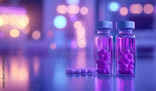 Two glass vials filled with purple pills on a table in a laboratory with a blurred background