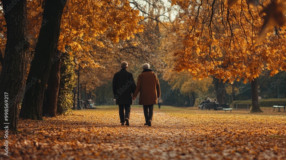 Elderly Couple Walking Hand in Hand in Autumn Park Elderly Couple Walking Hand in Hand in Autumn Park