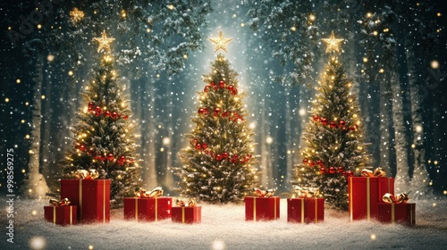 Christmas trees decorated with lights and gifts in a snowy forest.
