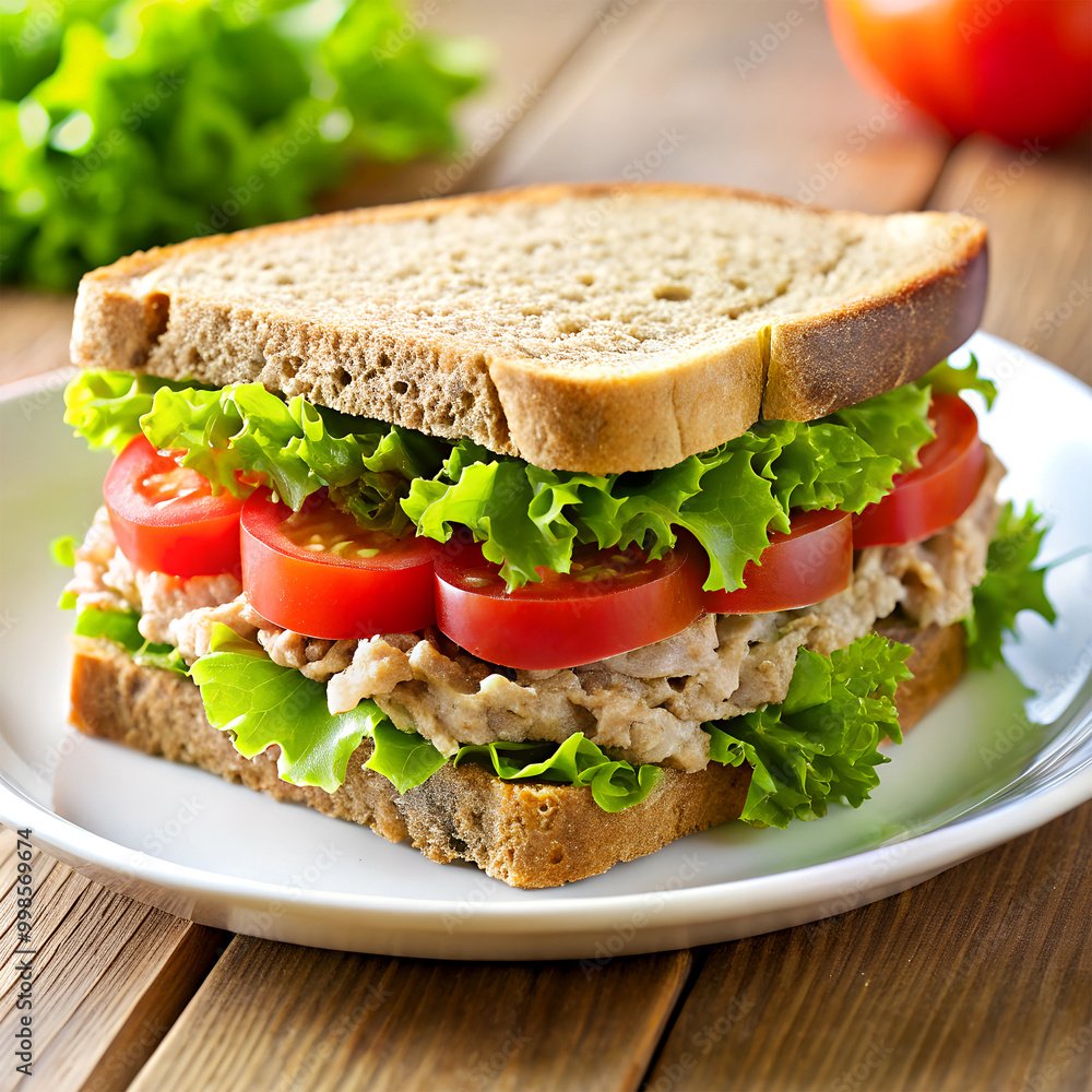 Tuna sandwich with fresh lettuce, tomato slices isolated on white background Tuna sandwich with fresh lettuce, tomato slices isolated on white background