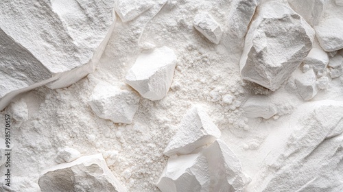 White powder and chunks of kaolin clay, close up background texture.