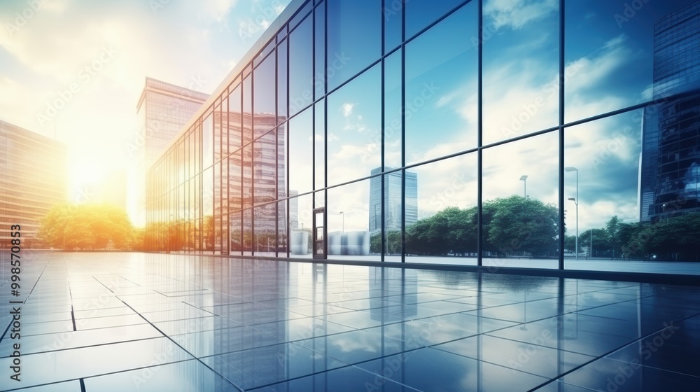Modern office building or business center. High-rise window buildings made of glass reflect the clouds and the sunlight. empty street outside wall modernity civilization. growing up business Modern office building or business center. High-rise window buildings made of glass reflect the clouds and the sunlight. empty street outside wall modernity civilization. growing up business