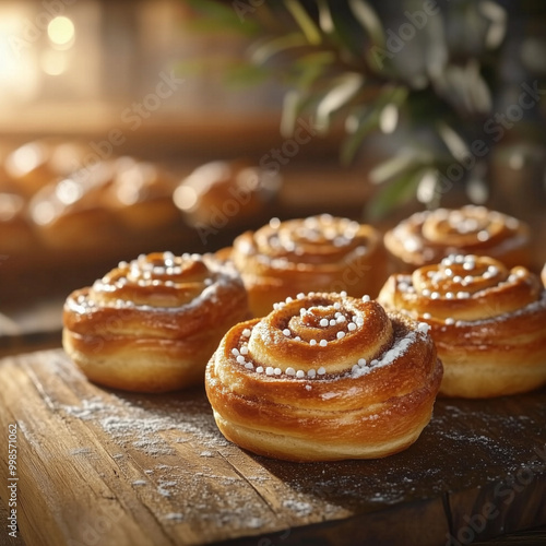 Freshly baked kanelbullar (cinnamon buns) arranged on a rustic wooden table, golden-brown crust sprinkled with pearl sugar, warm natural light, cozy atmosphere, celebrating Kanelbullens dag