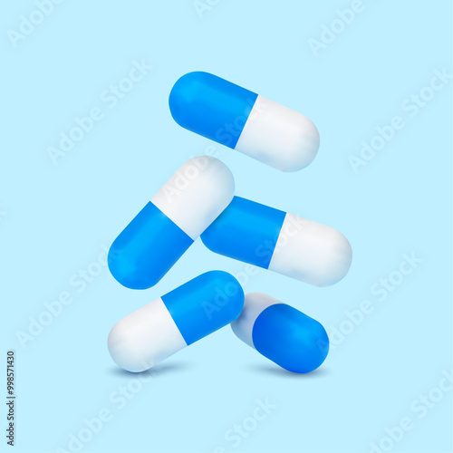 Falling blue white medicine pills capsules on white background.