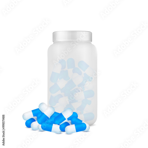 Pills on a transparent bottle vector illustration.