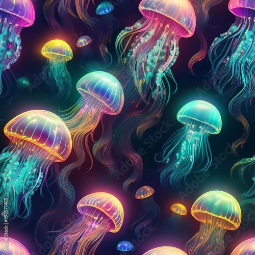 Jellyfish swim underwater, glow fantasy-style