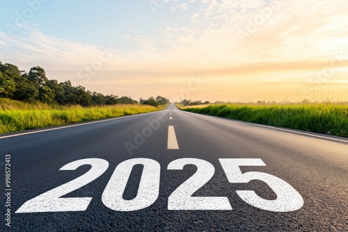 Open Road to 2025, Concept of Future Vision and Opportunity. Represents the journey towards the future, new opportunities, and forward planning.