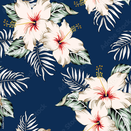 Tropical hibiscus flowers, palm leaves, blue background. Vector seamless pattern. Jungle illustration. Exotic plants. Summer floral design. Paradise nature