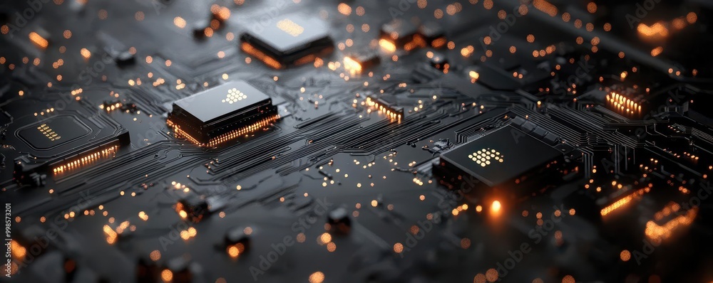 Closeup of a dark circuit board with glowing components. Closeup of a dark circuit board with glowing components.