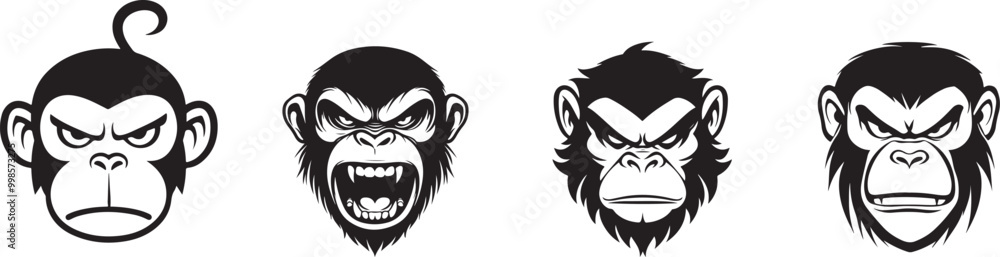 Stylized Angry Monkey Faces Vector Logo in Black and White Stylized Angry Monkey Faces Vector Logo in Black and White