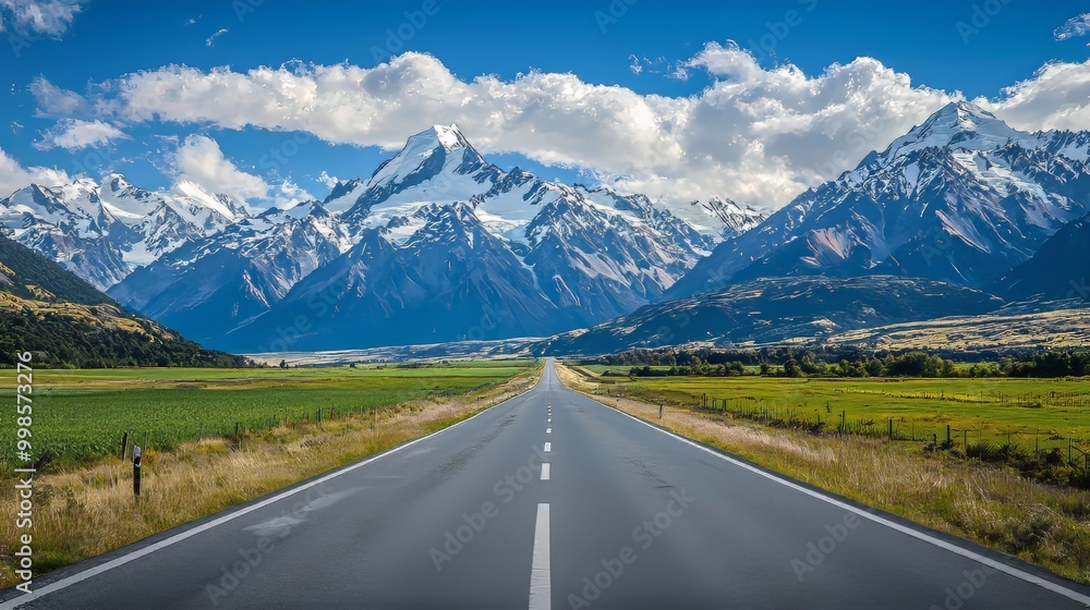 Fototapeta premium Asphalt highway leading to towering snow-capped mountains and lush valleys, under a blue sky with dramatic clouds.