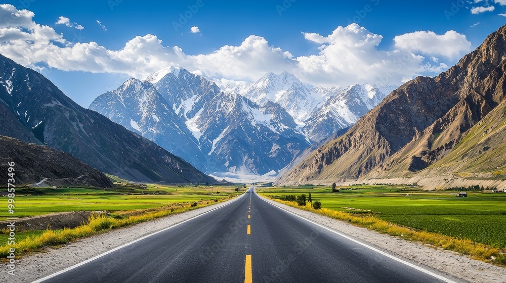 Naklejka premium Asphalt highway leading to towering snow-capped mountains and lush valleys, under a blue sky with dramatic clouds.