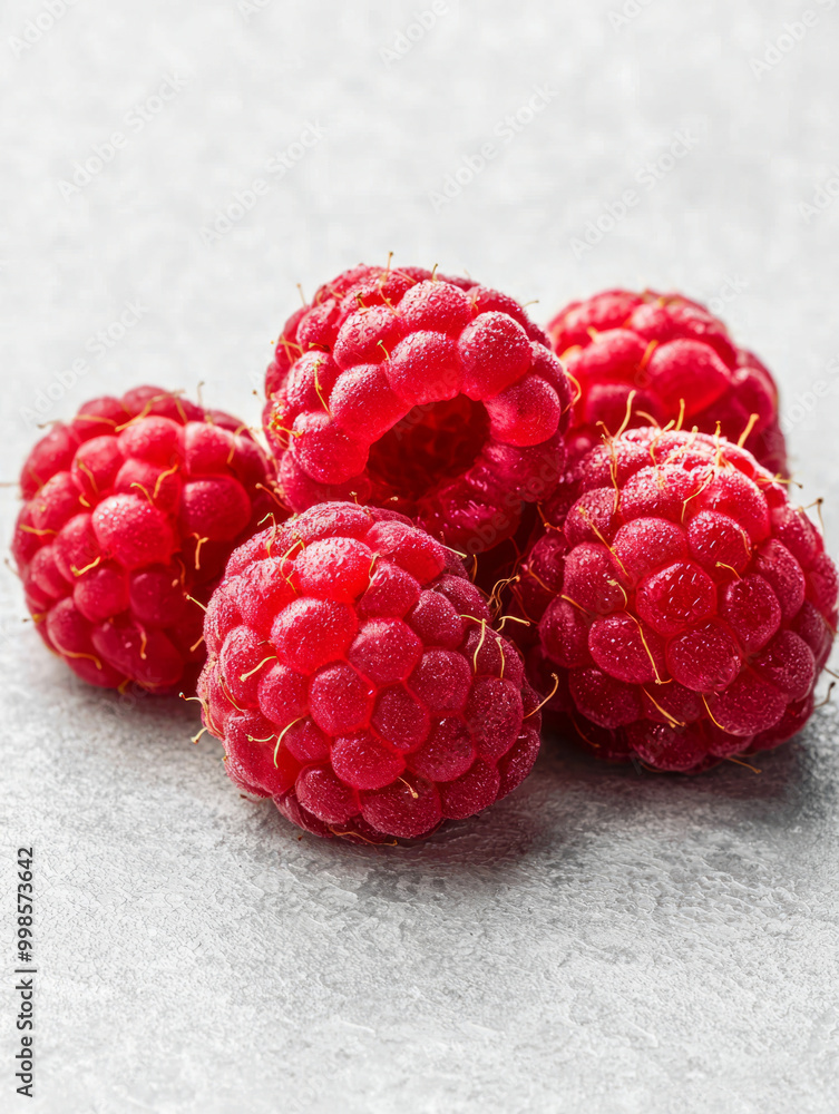 Juicy red raspberries with dewy surface, showcasing their vibrant color and fresh appearance, perfect for culinary use or healthy snacking Juicy red raspberries with dewy surface, showcasing their vibrant color and fresh appearance, perfect for culinary use or healthy snacking