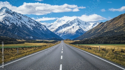 Asphalt highway leading to towering snow-capped mountains and lush valleys, under a blue sky with dramatic clouds.