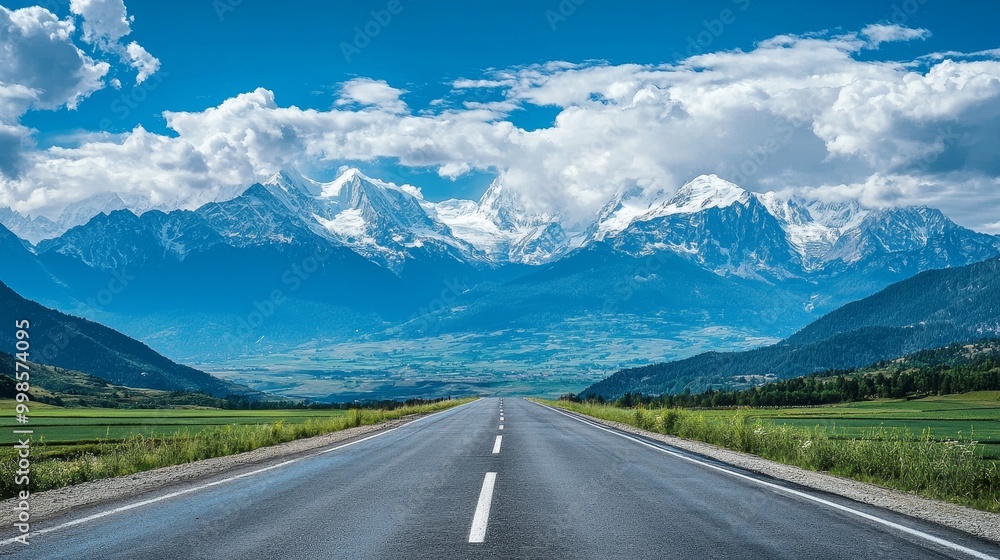 Asphalt highway leading to towering snow-capped mountains and lush valleys, under a blue sky with dramatic clouds. Asphalt highway leading to towering snow-capped mountains and lush valleys, under a blue sky with dramatic clouds.
