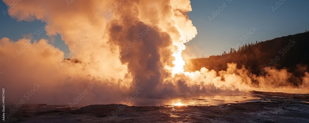 Obraz premium A powerful geyser erupting in the early morning light, steam and water rising into the cool air