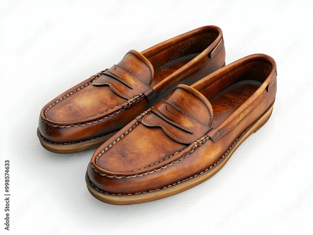 Artful Arrangement of Burnished Leather Loafers with Intricate Stitching and Worn Patina on a Clean White Background Artful Arrangement of Burnished Leather Loafers with Intricate Stitching and Worn Patina on a Clean White Background