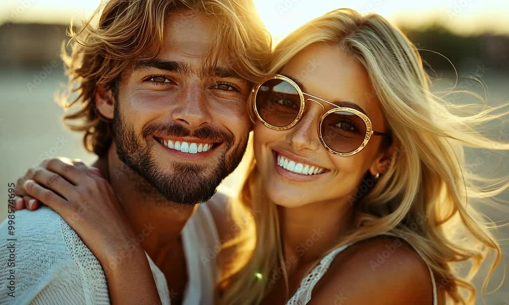 A joyful couple smiling together at sunset on a beach. A joyful couple smiling together at sunset on a beach.